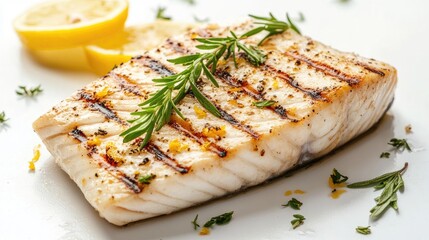 Wall Mural - A beautifully grilled swordfish fillet, seasoned with garlic and lemon zest, decorated with herbs on a white background.