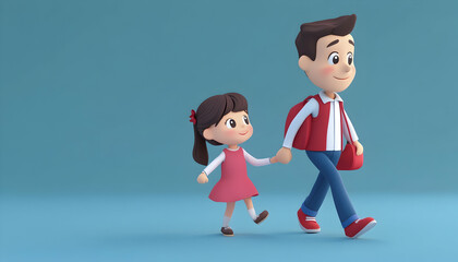 3d cartoon man walking with his daughter   