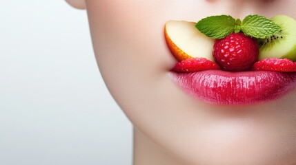 Sticker - A woman's mouth with fruit on it and a tongue, AI