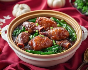 Wall Mural - Chinese braised pork trotters in red wine sauce with green vegetables on red table Asian banquet cuisine