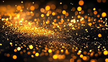 Shimmering Gold Particle Trails on Black Glittery Bokeh Background for Christmas Celebration