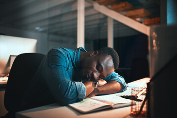 Business, night and tired with black man, sleeping and exhausted with burnout, deadline and creative agency. African person, entrepreneur and consultant with fatigue, tired and low energy in office