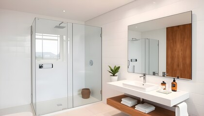 A sleek bathroom with a floating vanity, a frameless glass shower, and clean, white tiles.