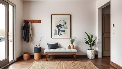 Wall Mural - A modern entryway with a simple bench, a minimalist coat rack, and a large mirror.