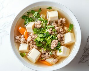 Wall Mural - Clear soup with tofu pork and vegetables in white bowl from above