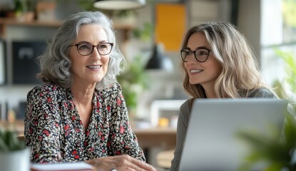 Two businesswomen in their thirties and forties collaborating in a modern office space, engaged in a productive and friendly conversation