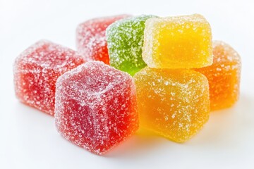 Close up shot of sour gummy candy on white background