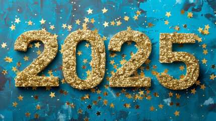 Bright New Year 2025 design with sparkling gold numbers on a blue backdrop with gold stars