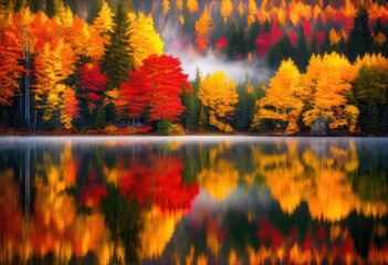 serene lake mirrors colorful autumn foliage under soft light creating picturesque natural landscape filled vivid colors tranquility, sunrise, reflection, water