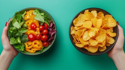 Contrasting healthy salad with unhealthy chips in a vibrant display.