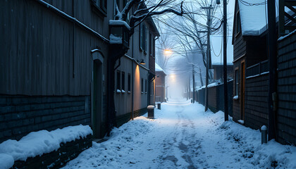 Wall Mural - Alley in snowy morning isolated with white highlights, png