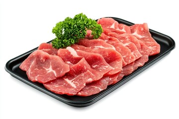 Sticker - Fresh beef tongue slices on black tray isolated on white background