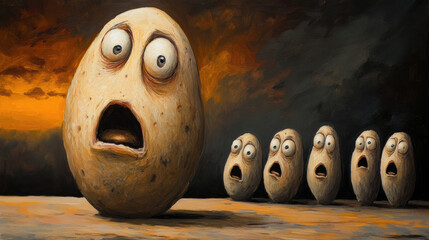 Canvas Print - A potato with eyes and a face is standing next to other potatoes, AI