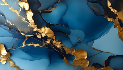 Wall Mural - Elegant hand-drawn gold wallpaper design featuring fluid art and kintsugi techniques, showcasing a stunning blue marble texture in an original print