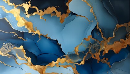 Elegant hand-drawn gold wallpaper design featuring fluid art and kintsugi techniques, showcasing a stunning blue marble texture in an original print