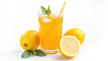 Sticker - Glass with paper straw holding apple juice or lemon tea in studio shot on white background