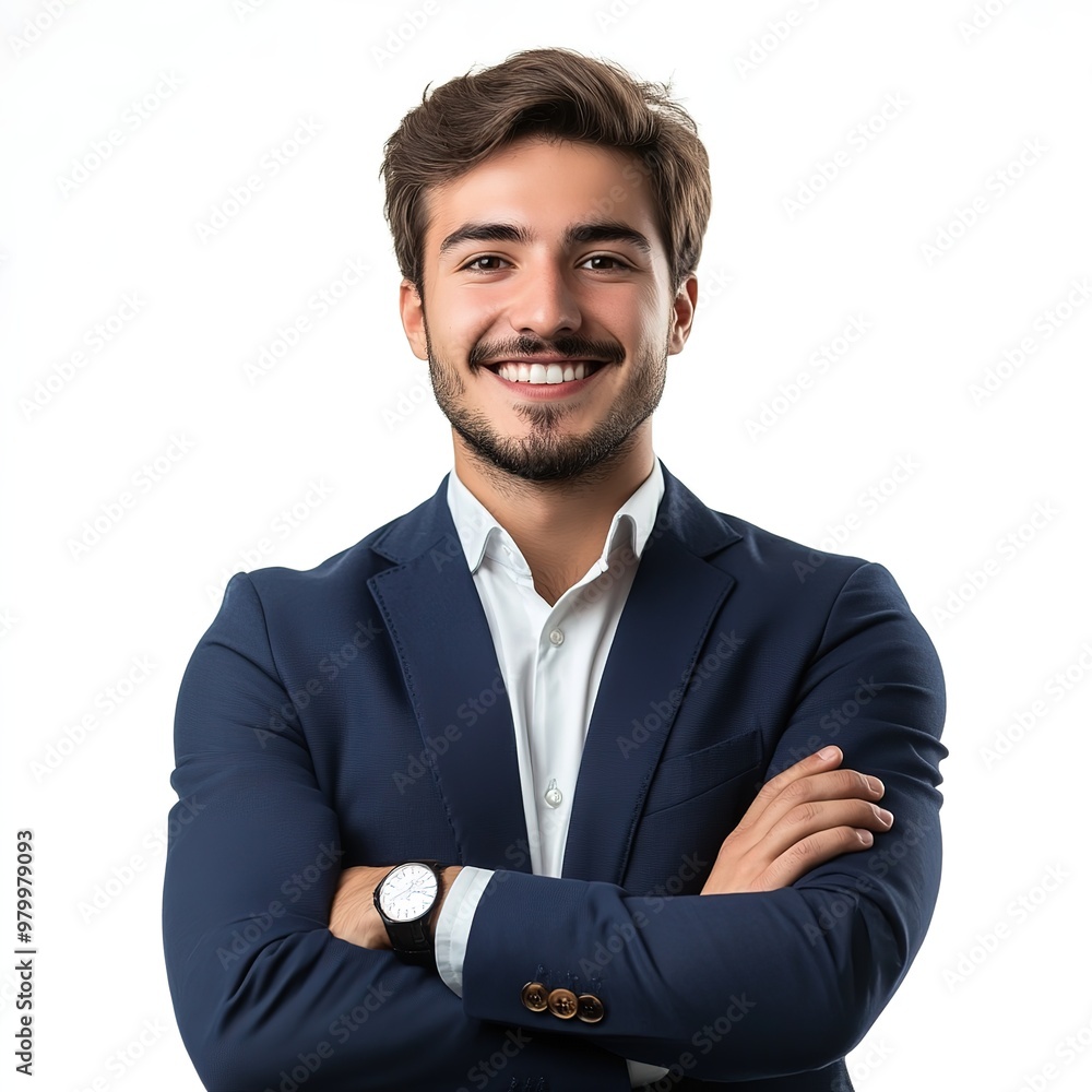 Portrait of a young handsome smiling businessman with crossed arms on ...