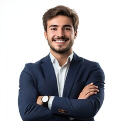 portrait of a young handsome smiling businessman with crossed arms on white background