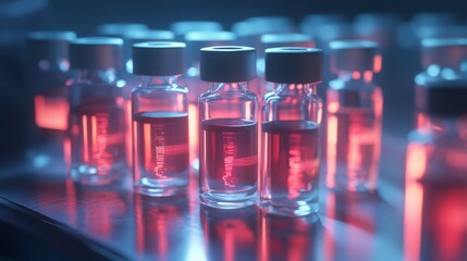 Aufkleber - Several glass vials filled with a red liquid are lined up on a reflective surface. The vials are illuminated by blue and red light, creating a striking contrast