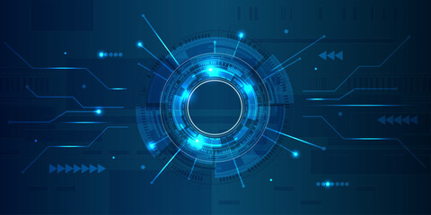 AI chip processor. Futuristic technology background with circle tech display. Artificial inteligence. Contemporary science, electronic and digital concept