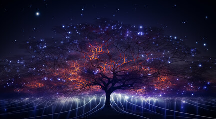 Wall Mural - Tree in dark magical background with glowing purple lights