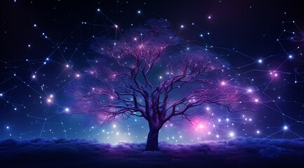 Wall Mural - Tree in dark magical background with glowing purple lights