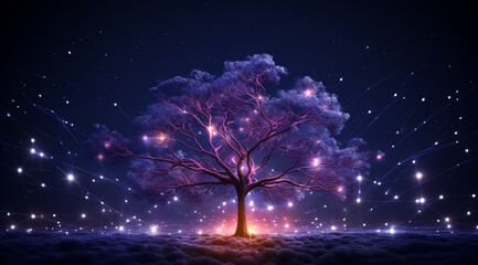 Wall Mural - Tree in dark magical background with glowing purple lights