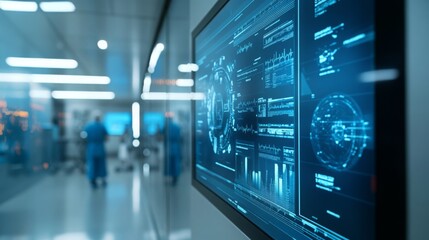 Aufkleber - Advanced medical monitoring systems display crucial patient data in a modern hospital, with healthcare professionals working in the background under artificial lighting.