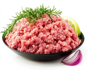 Poster - Minced pork and beef forcemeat isolated on white background with clipping path in focus at full depth