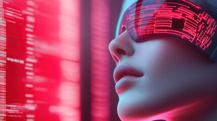 Wall Mural - A woman wearing a pair of goggles with glowing red lights, AI