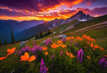 Wall Mural - vibrant sunset illuminating tranquil mountain scenery bold colors reflecting serene peaks lush valleys, landscape, sky, clouds, light, reflection, beauty