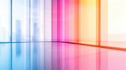 Poster - A colorful abstract image of a room with glass walls and windows, AI