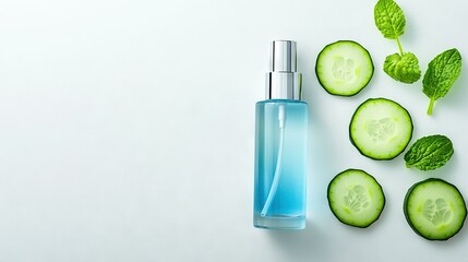 Poster -   A cucumber-scented bottle sits beside sliced cucumbers on a white background, surrounded by green foliage