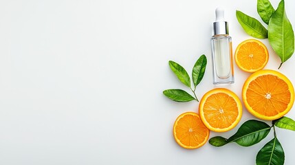   An orange cut in two sits on a table with a bottle of lotion and some leaves beside it