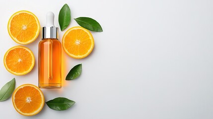 Poster -   A bottle of orange essential oil encircled by slc'd oranges & foliage on wht sprc, gn fllvry arnd it