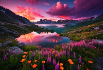 Wall Mural - breathtaking sunrise over majestic mountains showcasing vibrant colors sky reflection terrain, altitude, backdrop, beauty, bright, canvas, captivating, climate