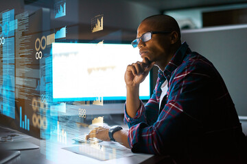 Leinwandbilder - Man, thinking and programmer in office with hologram, glasses and dashboard for web design. Person, coding and future tech in dark workplace for cybersecurity, software development and interactive AI