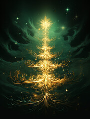 Wall Mural - golden christmas tree with swirling light in mystical night sky