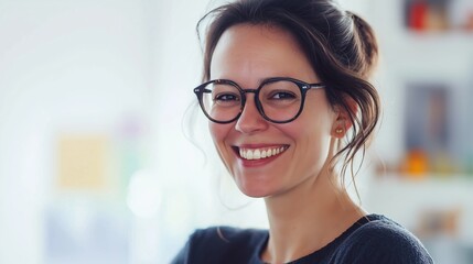 Young businesswoman in glasses smiles in a modern office, radiating professionalism and confidence. She sits at her desk, illuminated by natural light, embodying success as a female entrepreneur