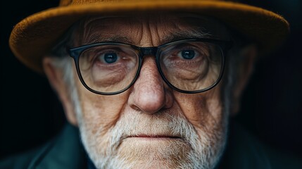 Wall Mural - A man with glasses and a hat is looking at the camera. He has a serious expression on his face