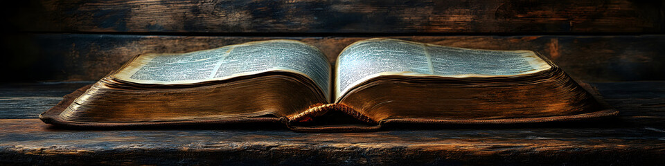 Wall Mural - “An Open Bible Resting on an Old Wooden Table, Symbolizing Faith, Tradition, and Spiritual Reflection, with a Serene Atmosphere Evoking a Sense of Reverence and Contemplation in a Historical Setting”
