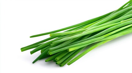 Poster -  Green onion cluster close-up on white background with clipped edge