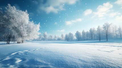 A snowy field with trees in the background. The sky is blue and clear. The snow is white and covers the ground