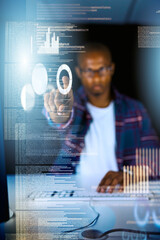 Leinwandbilder - Man, hand and programmer in office with hologram, selection and dashboard for web design. Person, coding and future tech in dark workplace for cybersecurity, software development and interactive AI