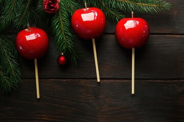 Sticker - Red caramel apples on sticks on wooden background with Christmas tree branches