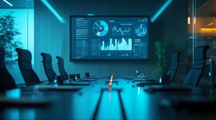 Leinwandbilder - A sleek boardroom features a large digital display showcasing data analytics, with dark furniture and blue ambient lighting enhancing the professional atmosphere during a late meeting.