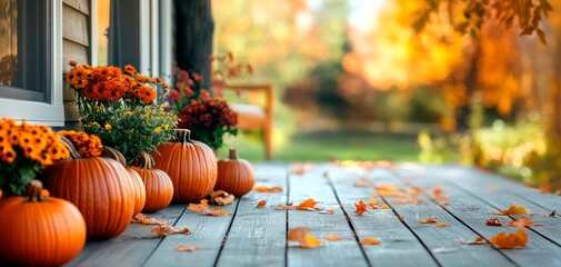 Wall Mural - A fall-themed front porch with pumpkins and flowers on the sides, leaves scattered across the wooden floorboards, vibrant autumn colors in the background., autumn card banner wallpaper