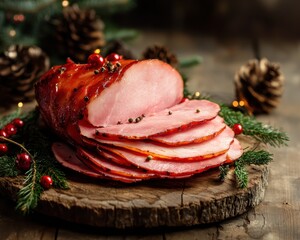 Canvas Print - Spicy ham slices on wooden table Christmas meal