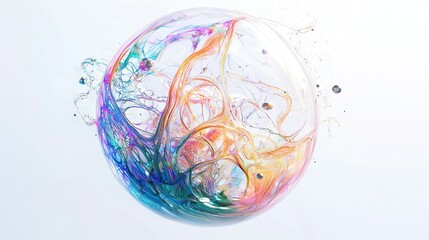 Wall Mural -   Multicolored object floats on white surface with drops of water below