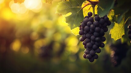 Sticker -   Grapes hanging on a vine with the sun shining through the leaves next to it